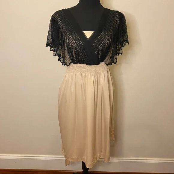 Catherine Malandrino | Dresses | Catherine Malandrino Flutter Sleeve Black  Tan Lace Dress | Poshmark
